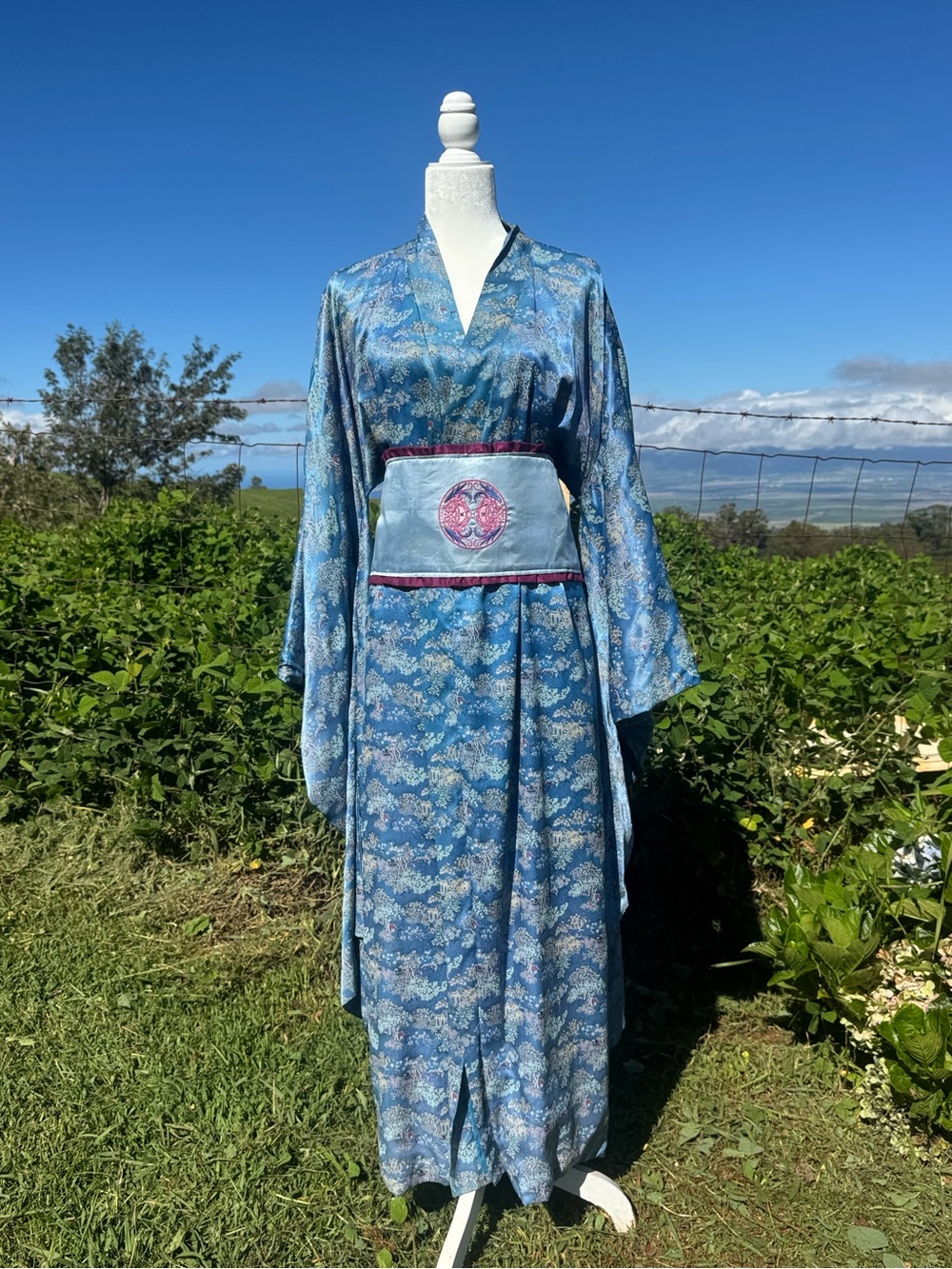 Vintage Traditional Japanese kimono Blue Jacquard Satin fabric Obi belt handmade